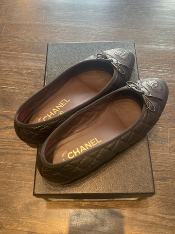 Chanel Black Leather Aged Calfskin Quilted Ballerinas