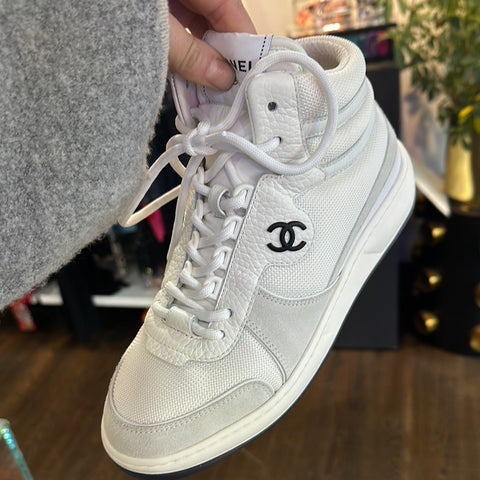 Chanel White Fabric, Suede, Calfskin and & Grained Calfskin High Top Sneaker