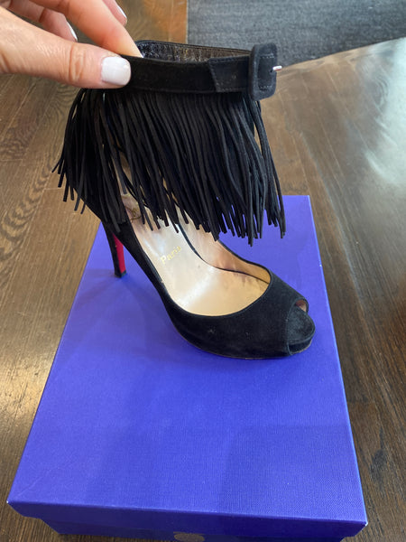 Christian Louboutin Black suede Peep Toe Platform Shoe with Fringe Ankle