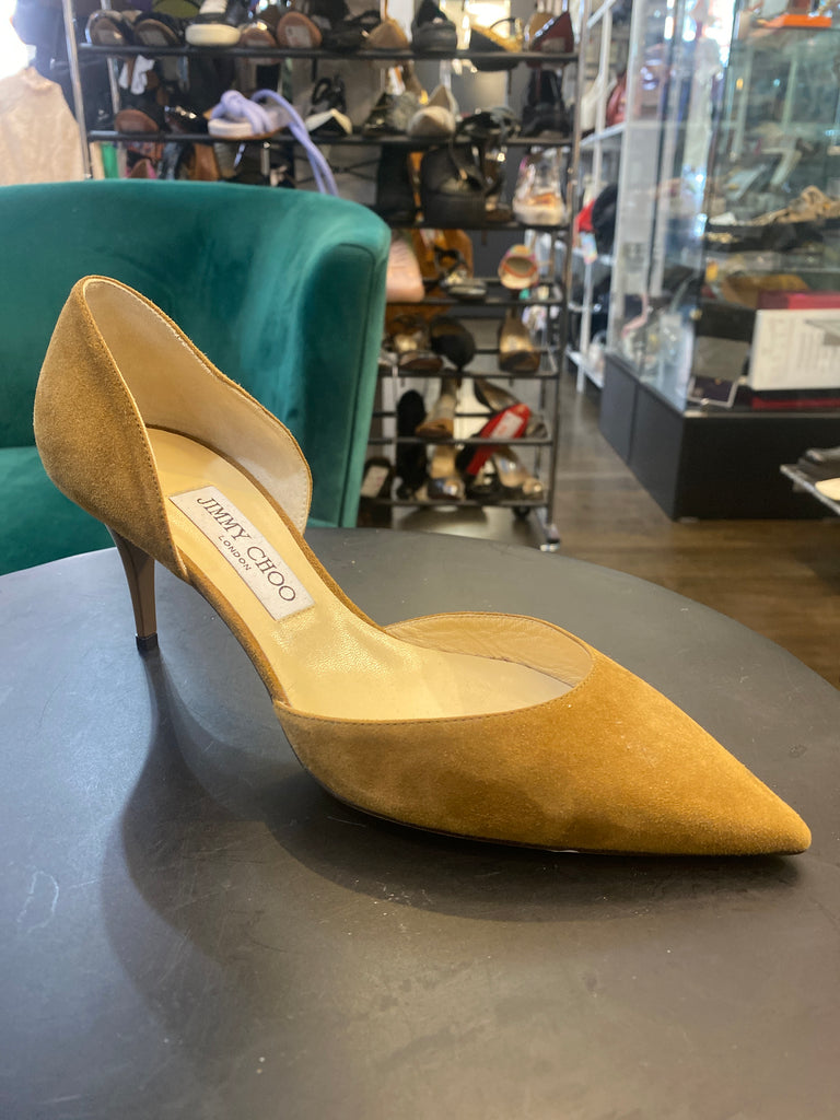 Jimmy Choo Tan Suede Dorsay Pump with a Patent Kitten Heel