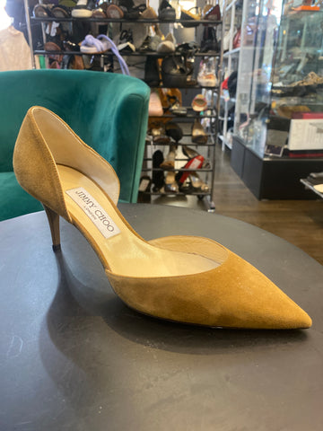 Jimmy Choo Tan Suede Dorsay Pump with a Patent Kitten Heel