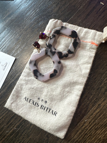 Alexis Bittar Leopard Acrylic Hanging Earring with Red Gemstone Stud