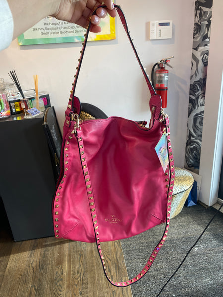 Valetnino Fuschia  Leather Rockstud Flat Crossbody Bag