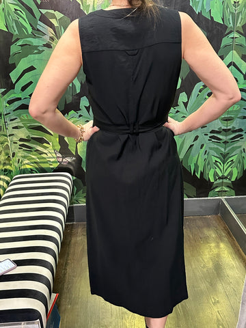 WHISTLES Black Sleeveless Front Button Belted Dress with Patch Pocket