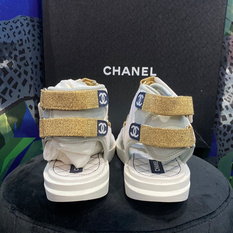 Chanel White High Top Velcro Water Shoe with Gold Glitter Straps Sandal