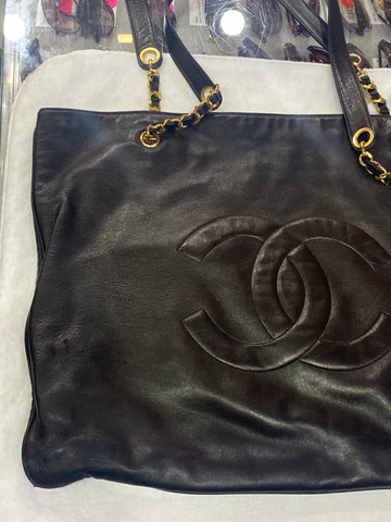 Vintage: Chanel Lambskin CC Stitched Tote Bag with Gold Ball Charm
