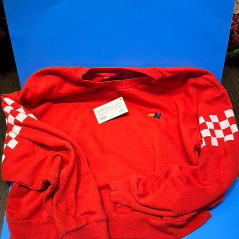 Aviator Nation Red Cropped White Checkerboard Sleeve Sweatshirt