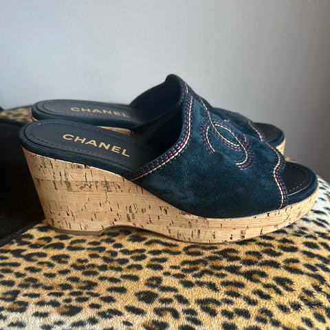 CHANEL Navy Suede CC Stitching Cork Wedge