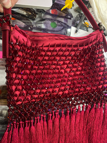 Vintage: RENAUD PELLEGRINO Red Satin and Fringe and Beaded Bag