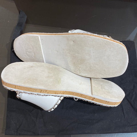 CHANEL White Leather Single Strap Slide with Silver Chain Around Detail