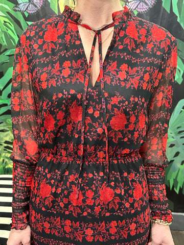 BB DAKOTA Black and Red Floral Long Sleeve Maxi Dress