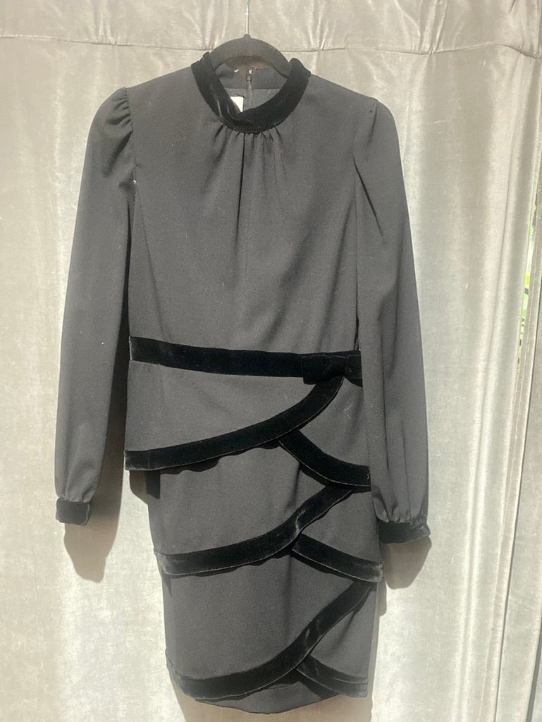 VALENTINO Black Mock Neck Long Sleeve Mini Dress with Layered Velvet Trim