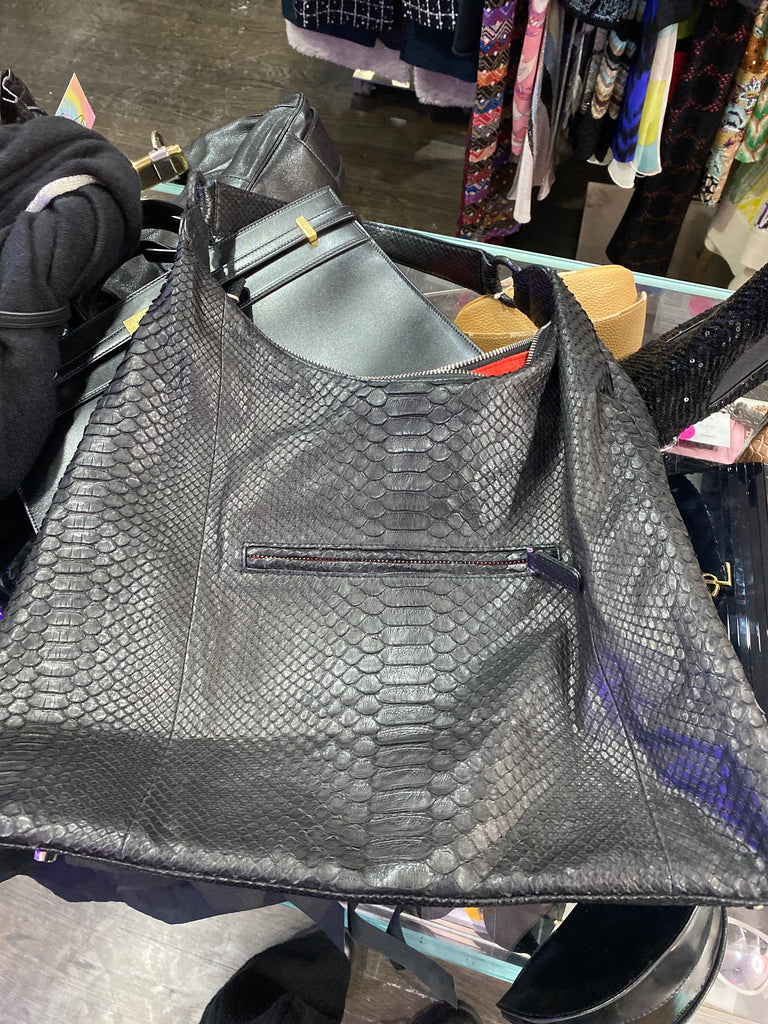 BYRON Black Python Shoulder Bag with Red Suede Interior