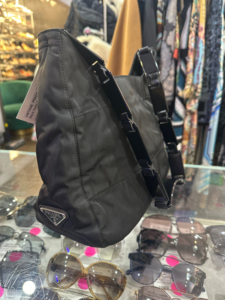 Vintage: PRADA Black Nylon Shoulder Bag with Plastic Shoulder Strap