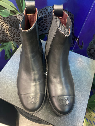Chanel Black Calfskin Elastic Side Ankle Boots