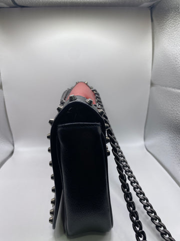 Prada Glace Black and Red Leather Studded Shoulder Bag