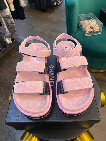 Chanel Pink Suede and Black Calfskin Dad Velcro Sandals