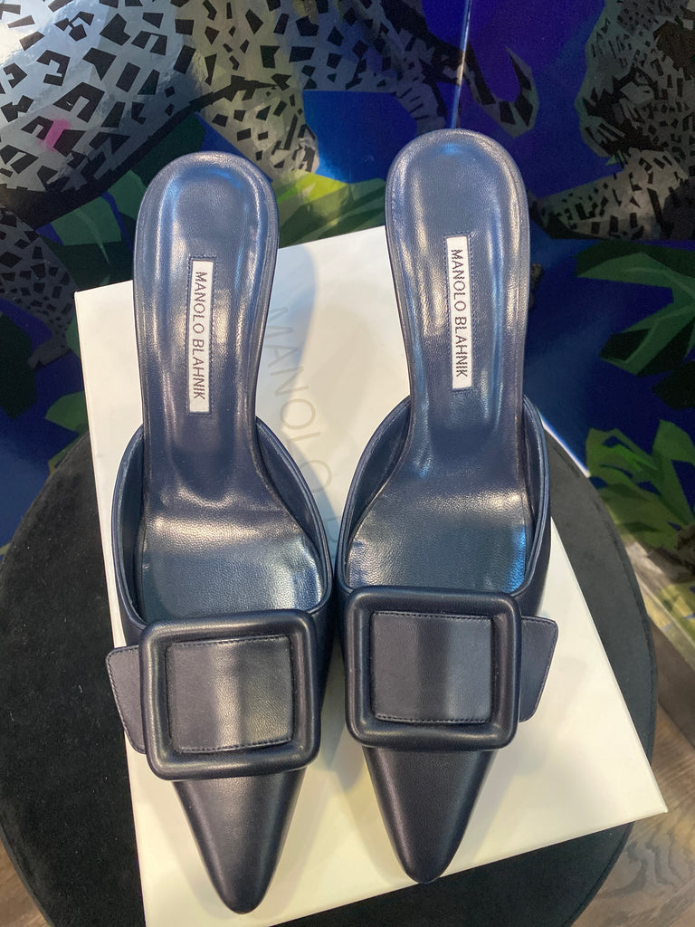 Manolo Blahnik Navy Leather MAYSALE Mules