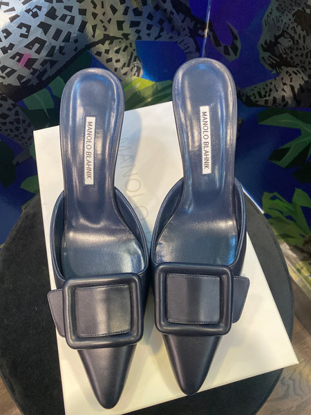Manolo Blahnik Navy Leather MAYSALE Mules
