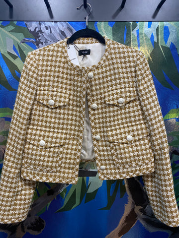 ME + EM Brown and Cream Woven Cropped Houndstooth Blazer