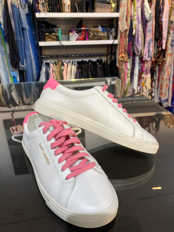 Saint Laurent White Pebbled Leather Sneaker with Pink Laces
