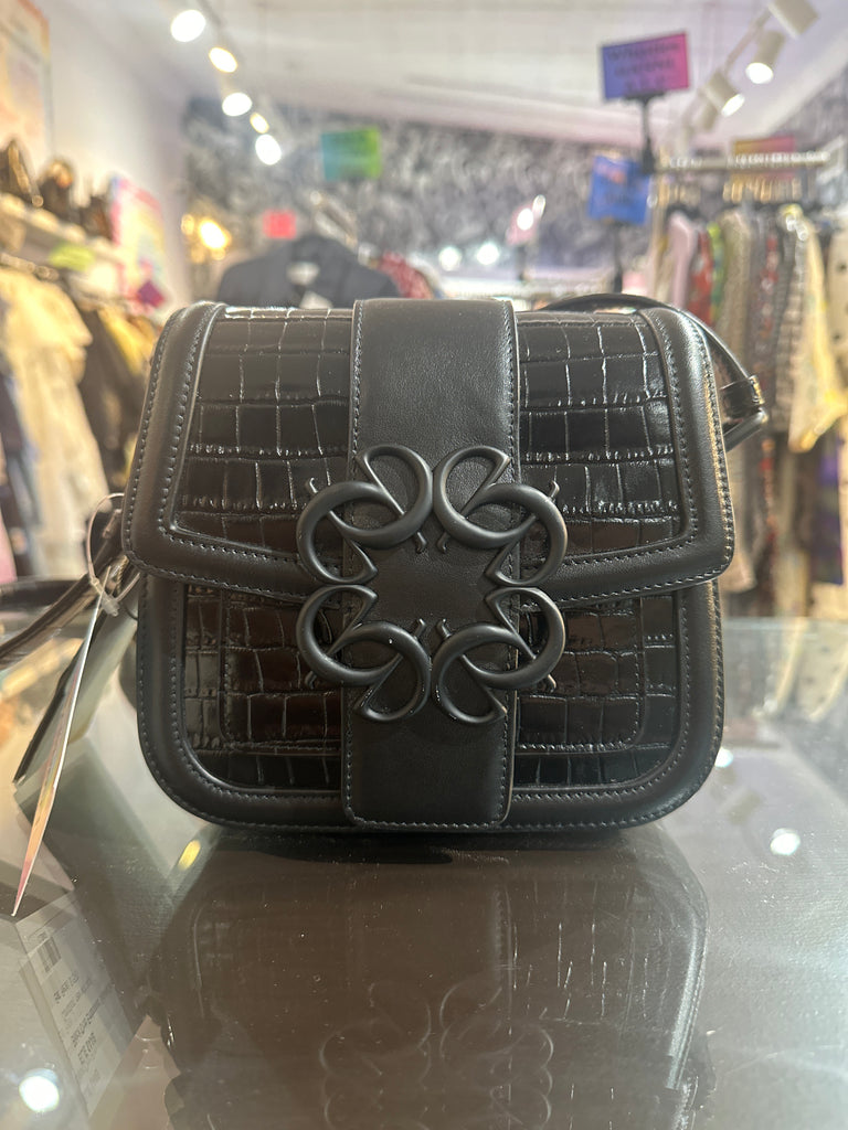 ELIE SAAB Black Croc Embossed Square Small Flap Bag