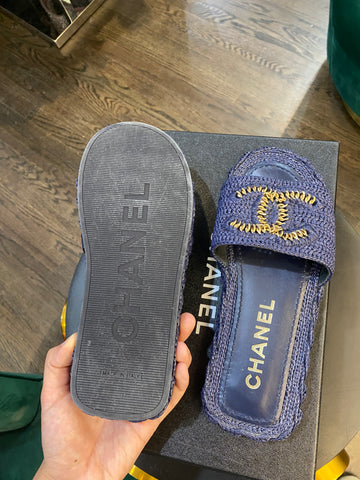 CHANEL Navy and Gold Woven Slide Sandals