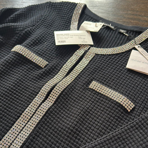 michael simon Black Cotton Knit Three Quarter Sleeve Cardigan with Crystal Trim