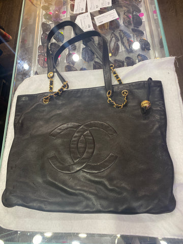 Vintage: Chanel Lambskin CC Stitched Tote Bag with Gold Ball Charm