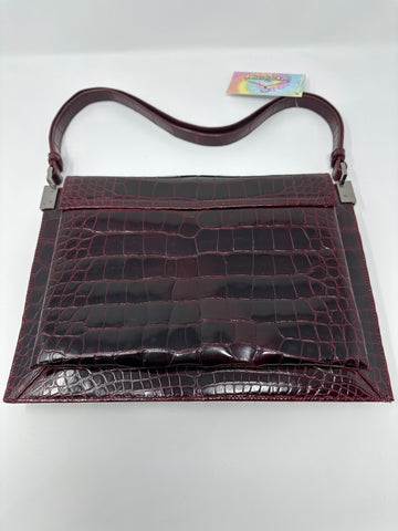 Vintage: Gucci Eggplant Leather Croc Embossed Flap Bag Silver Hardware