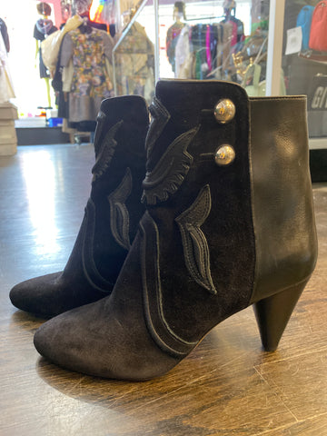 Isabel Marant Black Suede Printed Western Leather Design Boote with Silver Hardware