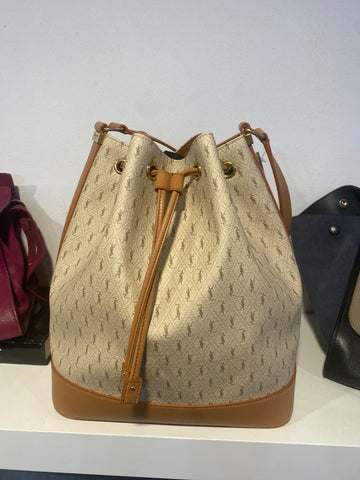 YSL Cognac and Ivory Canvas Mnogram Bucket Bag