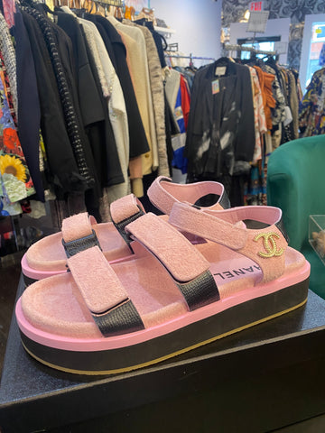 Chanel Pink Suede and Black Calfskin Dad Velcro Sandals