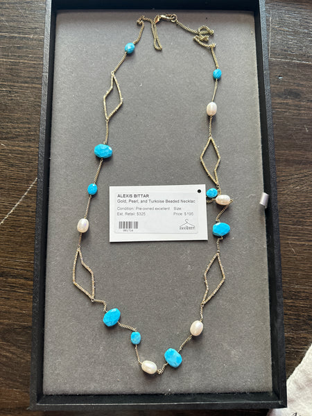 Alexis Bittar Gold, Pearl, and Turkoise Beaded Israel Necklace