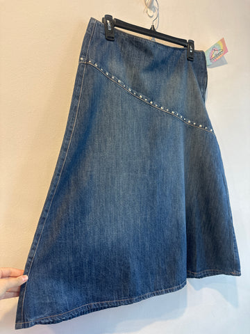 ZARA Blue Denim A Line Midi Skirt with Silver Studs