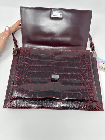 Vintage: Gucci Eggplant Leather Croc Embossed Flap Bag Silver Hardware