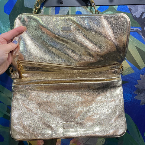 Tory Burch Gold Metallic Double Zip Fold Leather Bag with Gold Removeable Chain and XL Logo