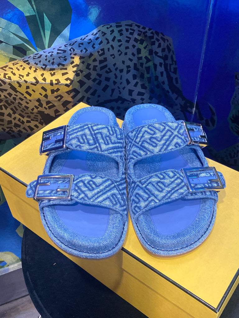 FENDI Denim F Logo Two Strap Sandal