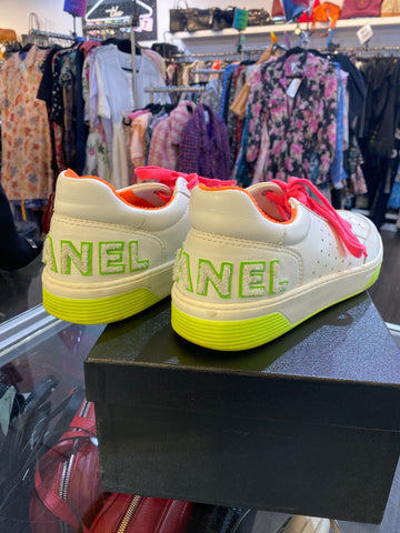 CHANEL White leather and NEON Terri Trim Sneakers