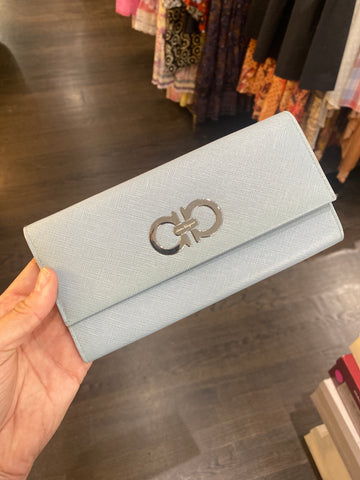 Vintage: Ferragamo Light Blue Wallet with Silver Hardware