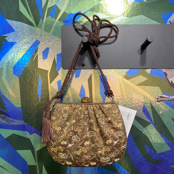 VINTAGE: Judith Lieber Brown Satin Floral Bag with Removeable brown rope strap