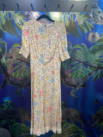 RIXO Pastel Floral Dress with Lace Bottom Trim