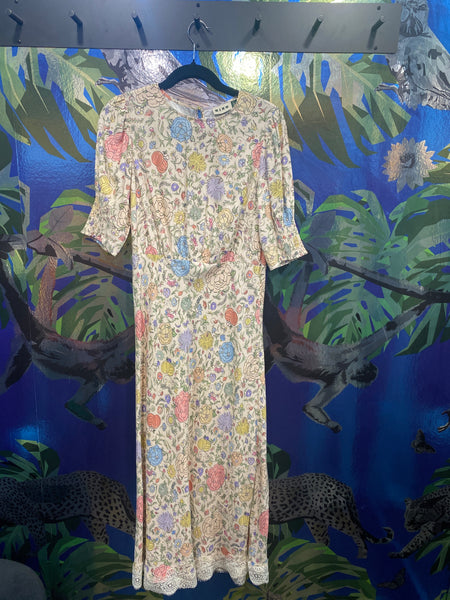 RIXO Pastel Floral Dress with Lace Bottom Trim
