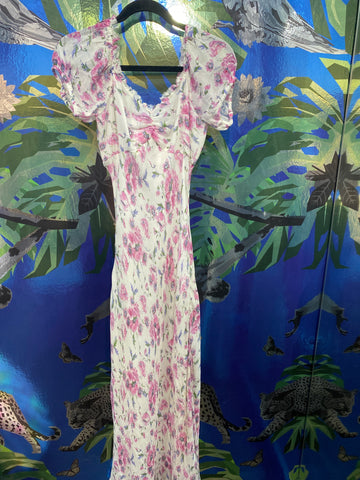 LOVE SHACK FANCY MADARA White and PInk Cap Sleeve Floral Maxi Dress