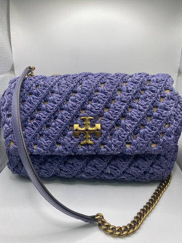 Tory Burch Periwinkle Raffia Kira Bag with Gold Hardware