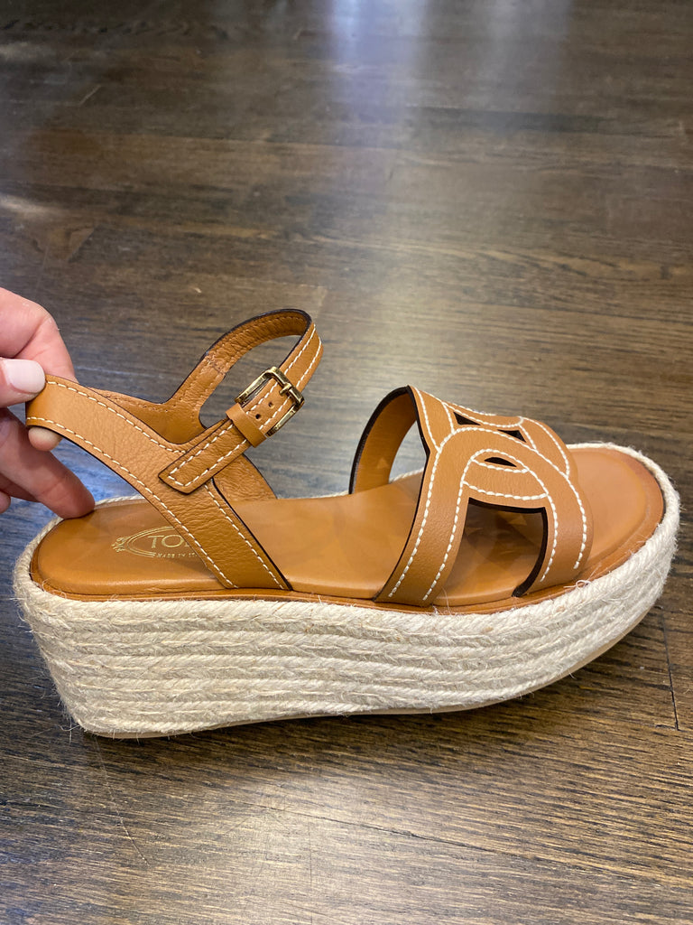 Tods Kate Cognac Leather Wedge Espadrille Sandals
