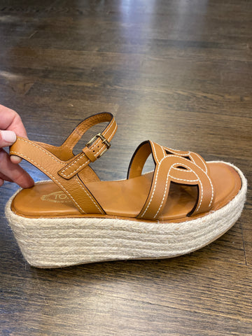 Tods Kate Cognac Leather Wedge Espadrille Sandals