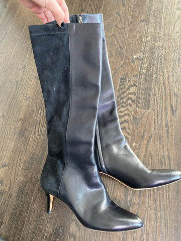 Jimmy Choo Black Leather and Suede Side Zip Kitten Heel Knee Length Boot