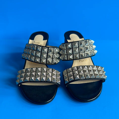 Christian Louboutin Silver Two Strap Open Toe Sandal with Chunky Heel