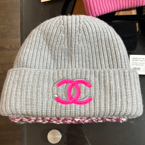 Chanel Grey Knit Beanie with Neon Pink CC